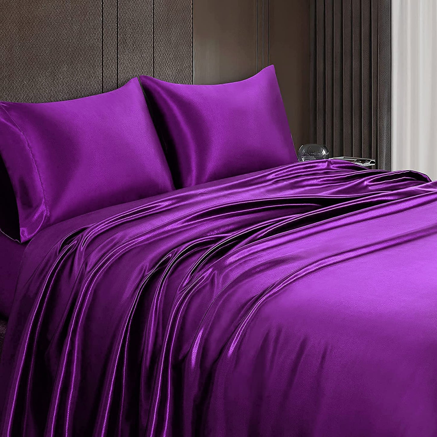 King Size Silky Satin Bed Sheet Set Luxurious Soft Bedding Purple