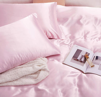 King Size Silky Satin Bed Sheet Set 4-Piece Soft and Smooth Pink