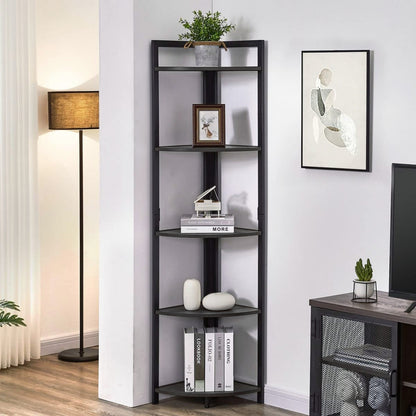 5 Tier Wood and Steel Corner Shelf Organizer Unit Black