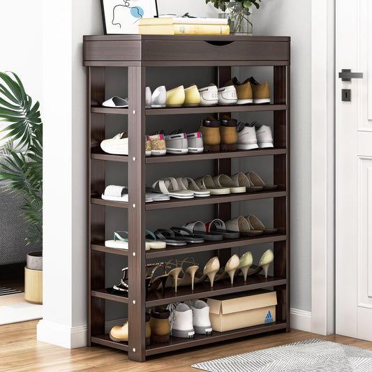 Spacious 7 Tier Wooden Shoe Rack Organizer Shelf Cabinet Black Walnut