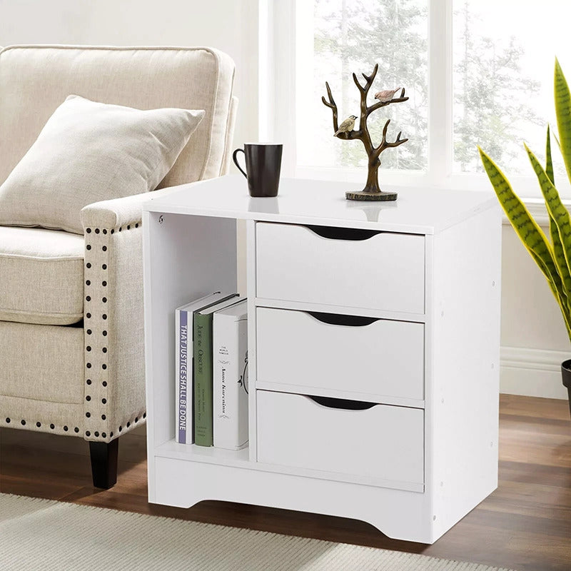 Stylish 3 Drawer Cabinet and Shelf Utility Side Table White