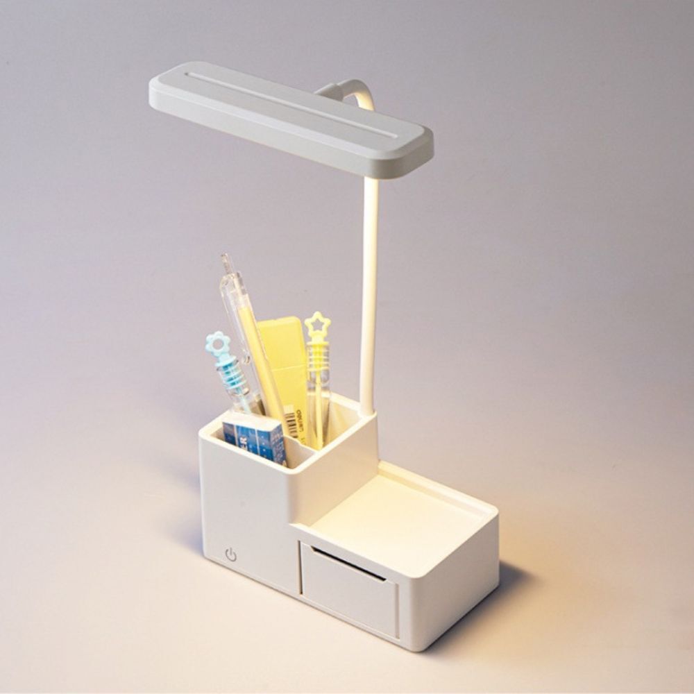 Eye-Protecting LED Night Light Desk Lamp with Pen Holder and Drawer White