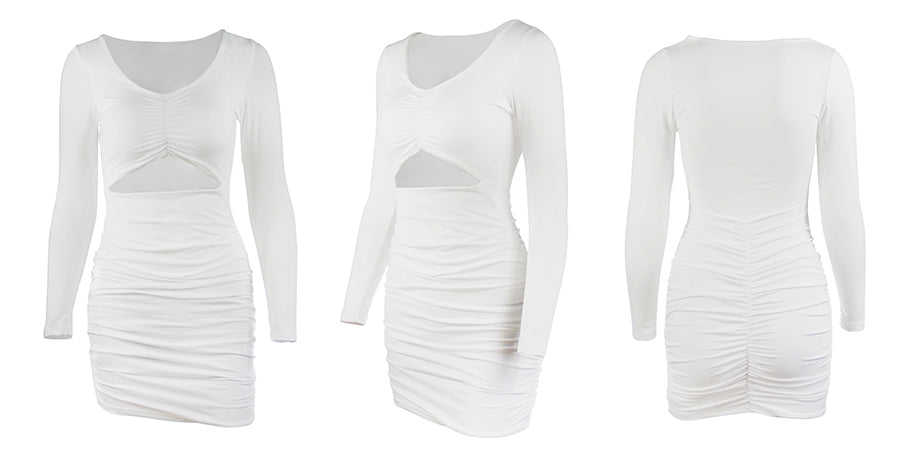 Elegant Ruched Long Sleeve Bodycon Mini Dress White