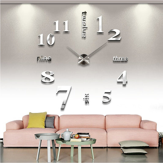 Large 3D Luxe DIY Wall Clock Modern Home Decoration Silver