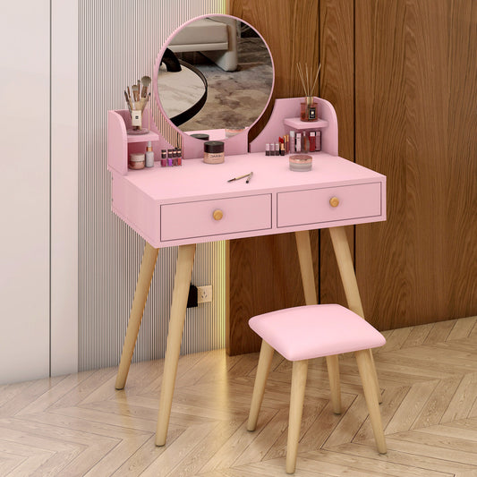 Princess Vanity Table with Mirror Stool and Storage Drawers Set Pink