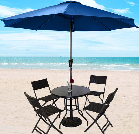 7 Piece Outdoor Dining Set with Rattan Chairs and Blue Umbrella