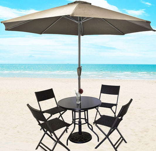 7 Piece Outdoor Dining Set with Rattan Chairs and Beige Umbrella