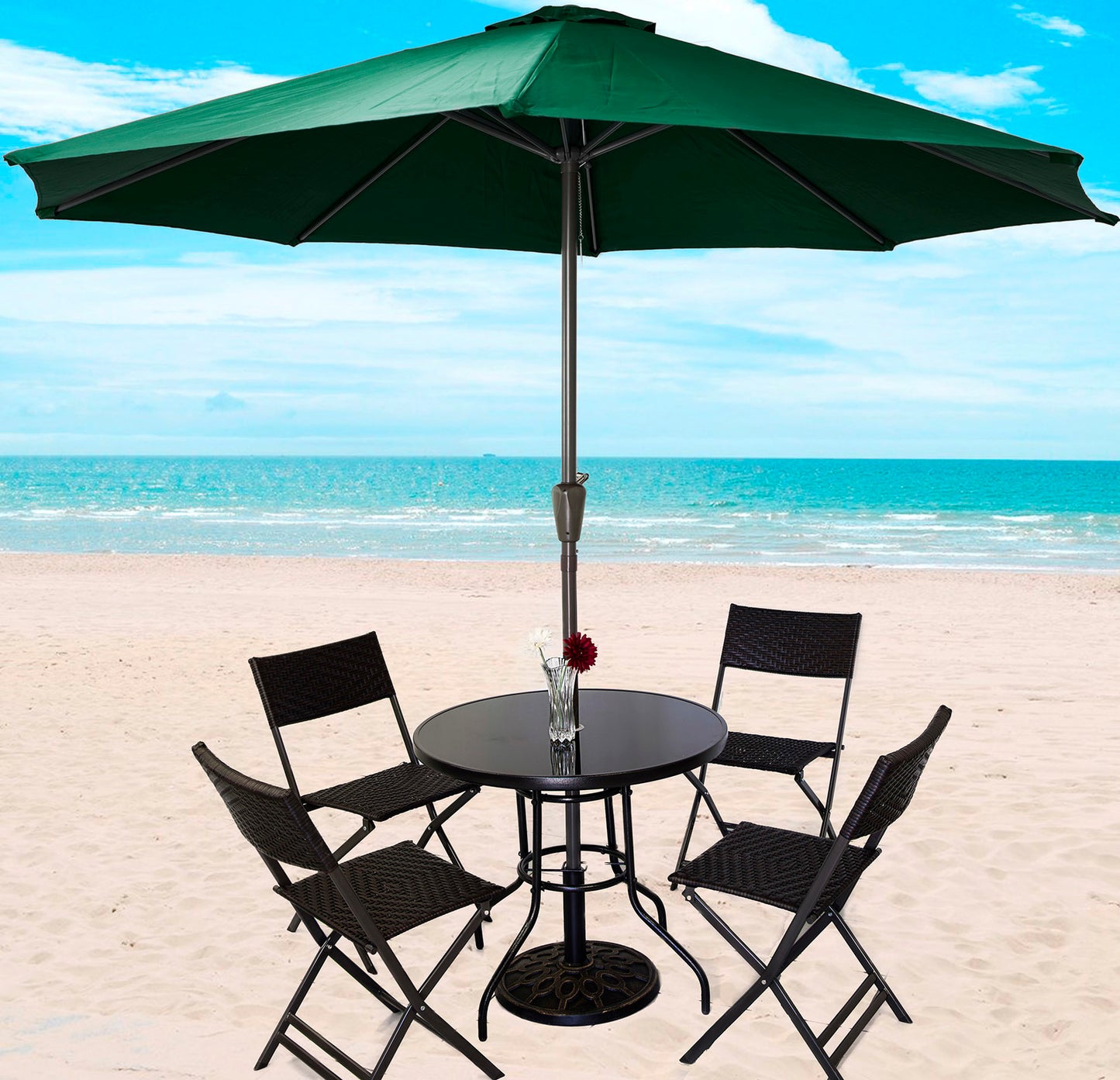 7 Piece Outdoor Dining Set with Rattan Chairs and Green Umbrella