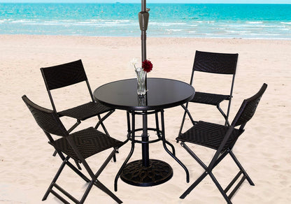 7 Piece Outdoor Dining Set with Rattan Chairs and Green Umbrella