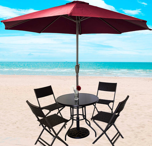 7 Piece Outdoor Dining Set with Rattan Chairs and Maroon Umbrella