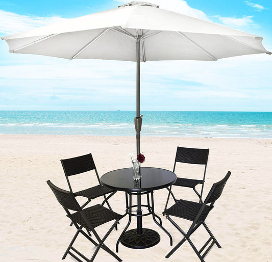 7 Piece Outdoor Dining Set with Rattan Chairs and White Umbrella