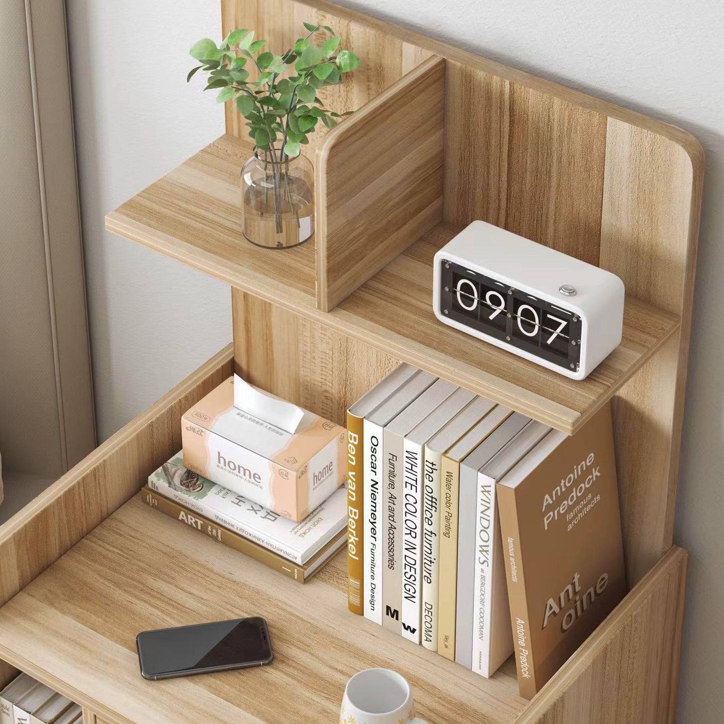 Elegant Oak Bedside Table with Drawers and Shelf