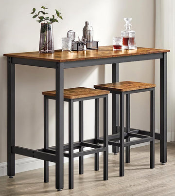 3 Piece Dining Set Rustic Wood and Steel Table with Bar Stools
