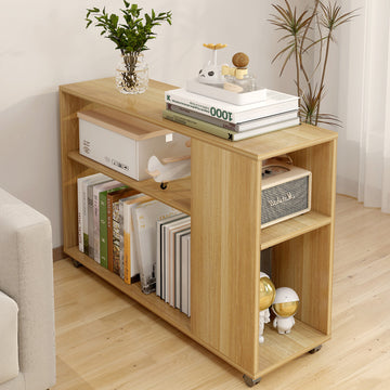 Large Versatile Rolling Sofa Side Table with Magazine Shelf Oak