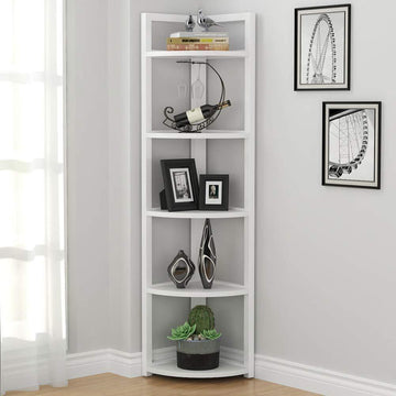 5 Tier Wood and Steel Corner Shelf Organizer Unit White