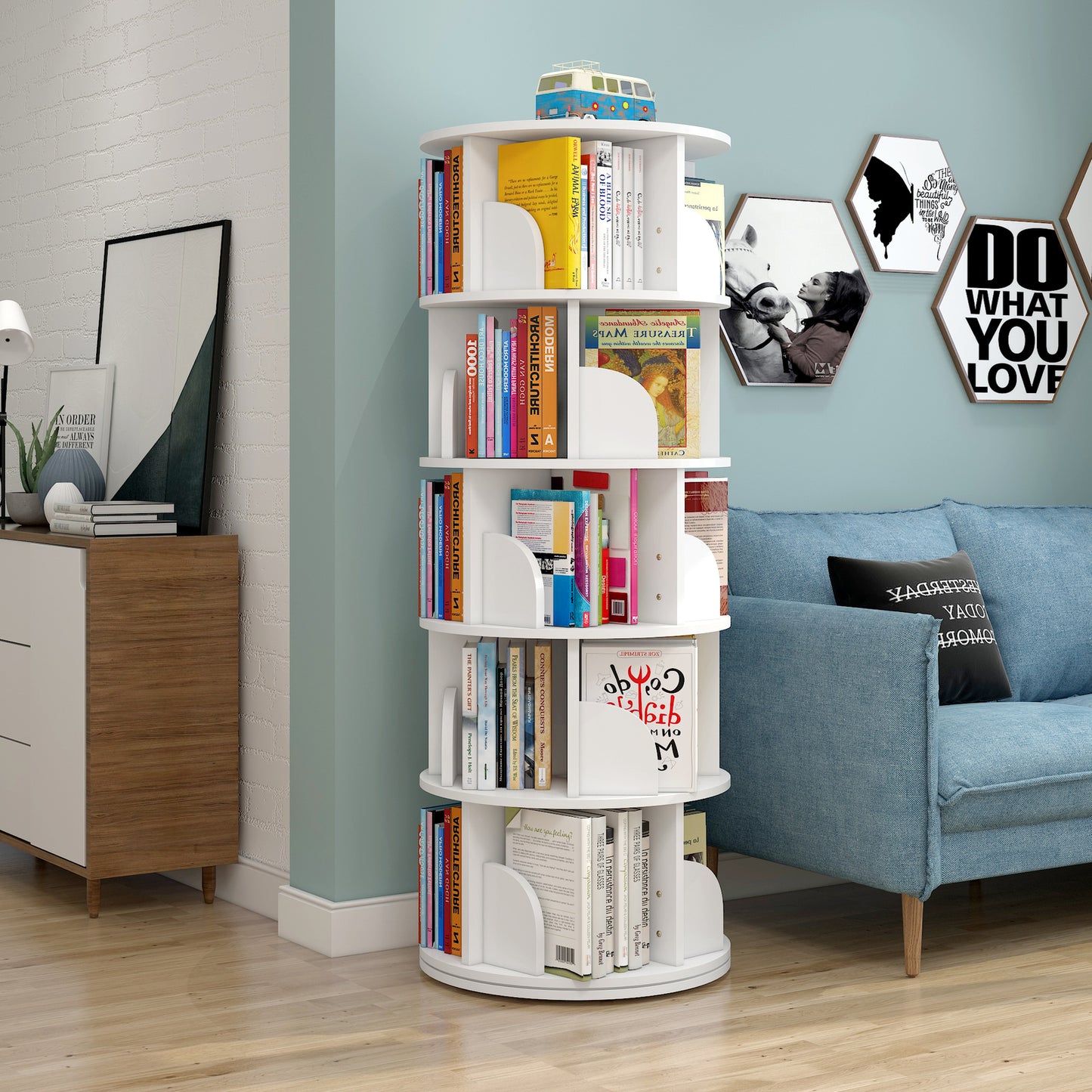 5 Tier Rotating Display Shelf Bookcase Organizer White