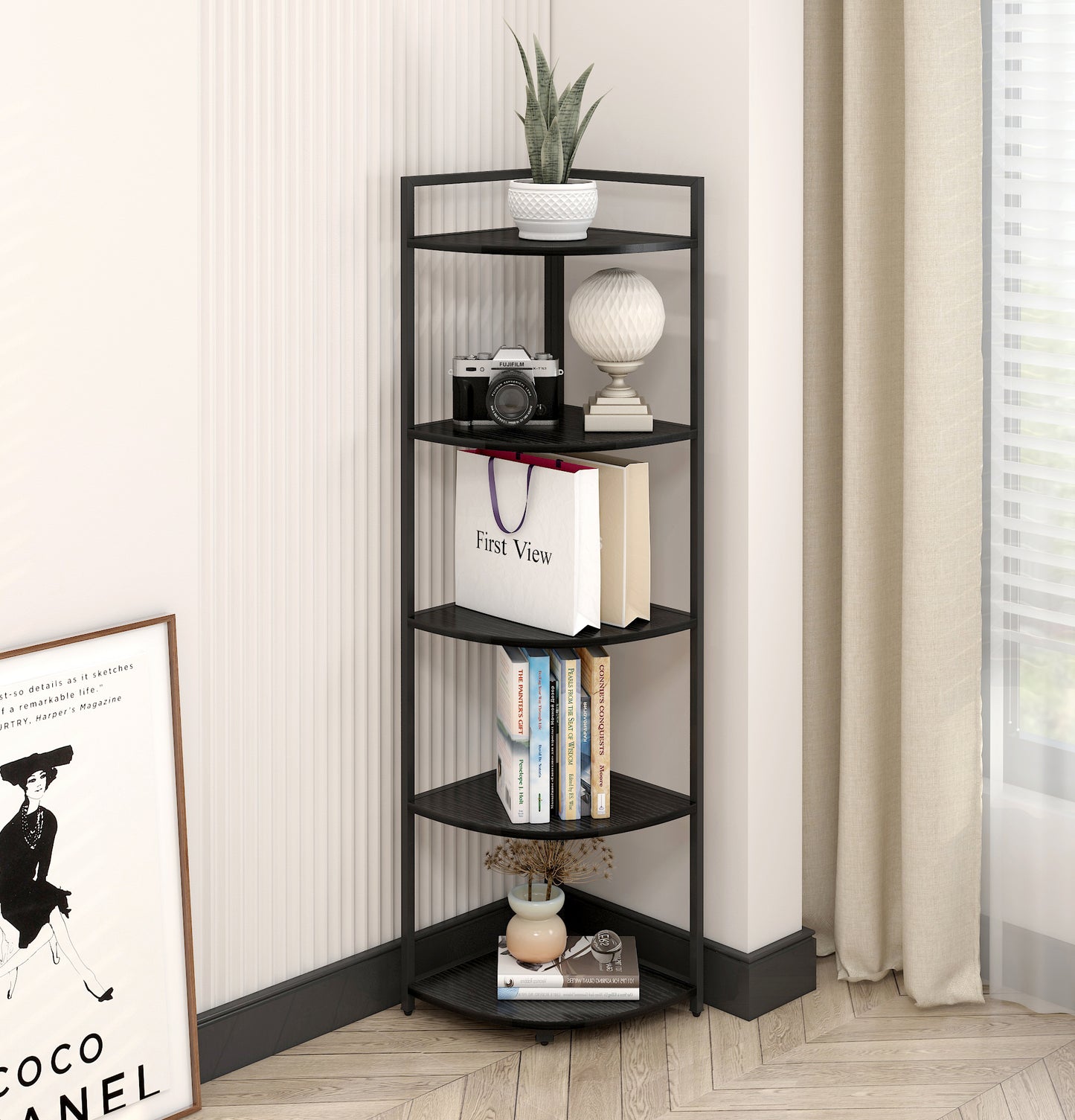 5 Tier Wood and Steel Corner Shelf Organizer Unit Black