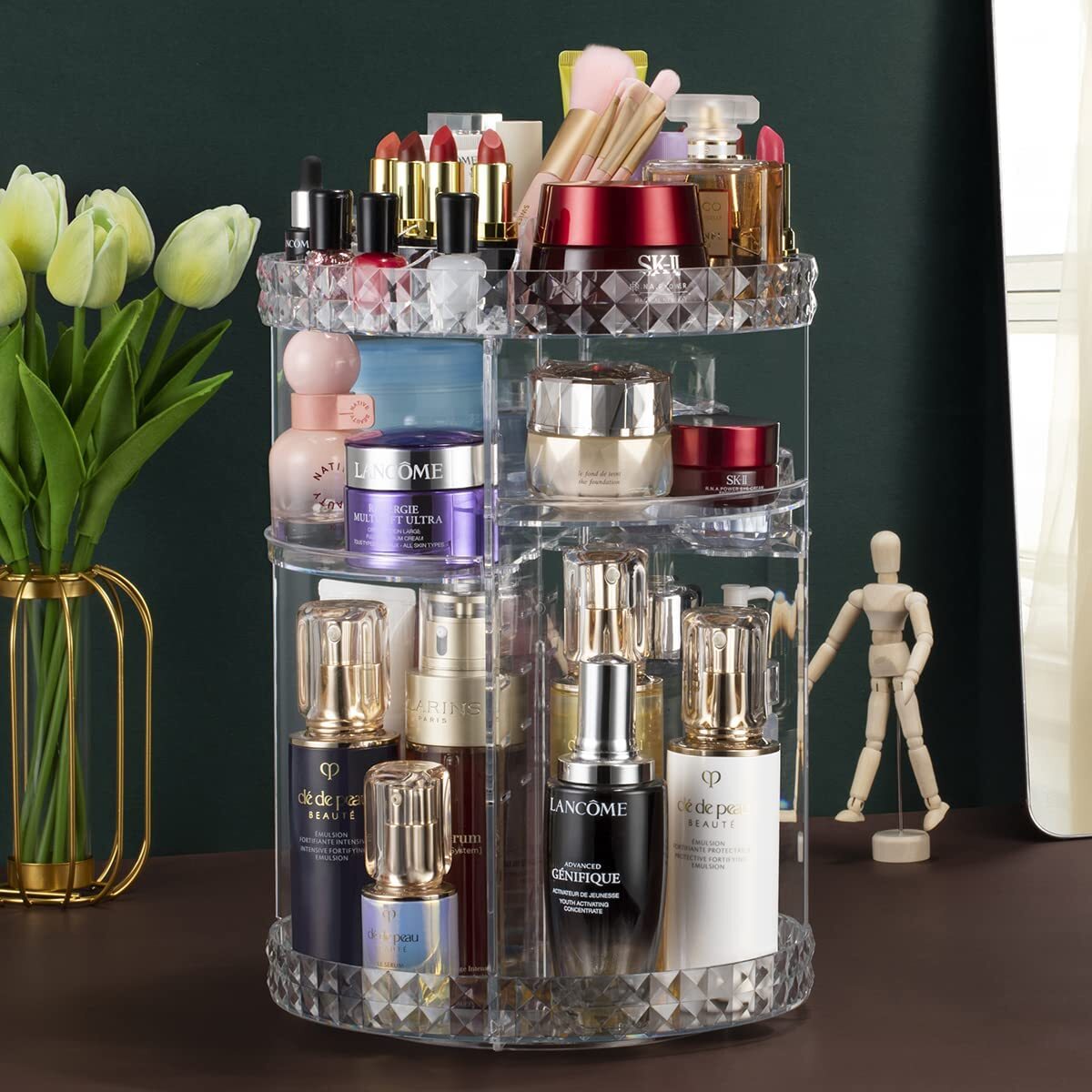 360 Degree Rotating Crystal Diamond Makeup Organizer for Jewelry and Cosmetics