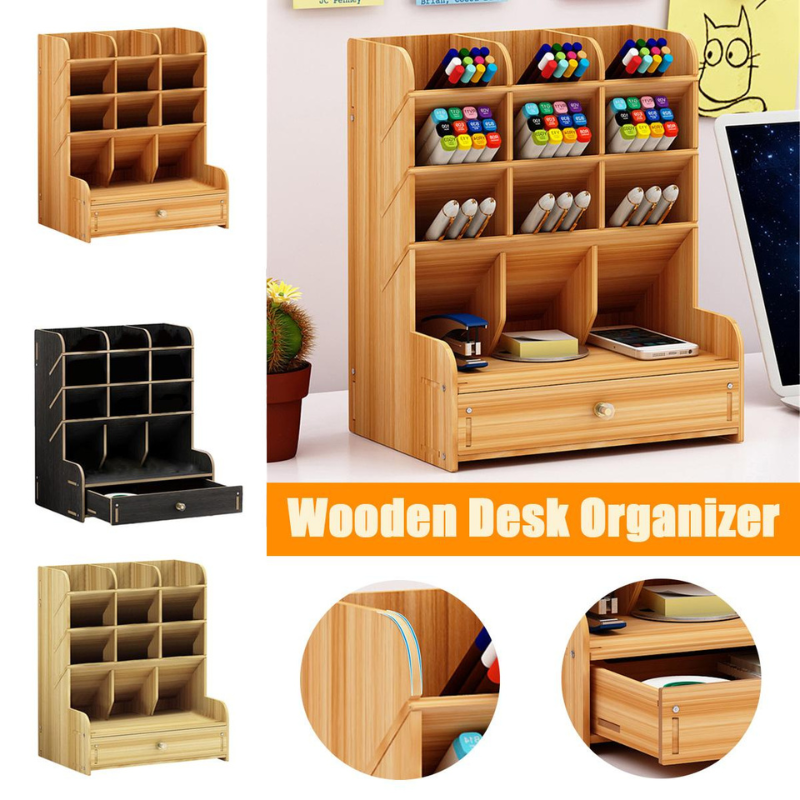 Elegant Wooden Pen Holder Desktop Organizer with Drawer Oak