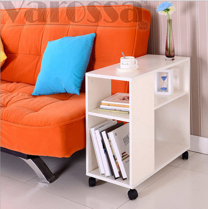 Compact Rolling Sofa Side Table with Magazine Rack White