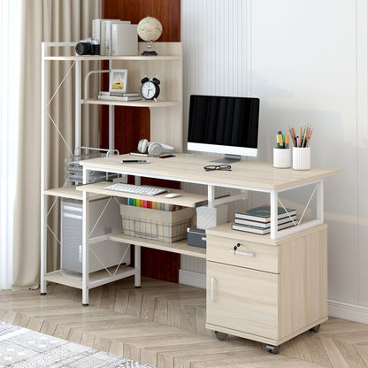 Multi-function Computer Desk Workstation with Shelves and Cabinet White Oak