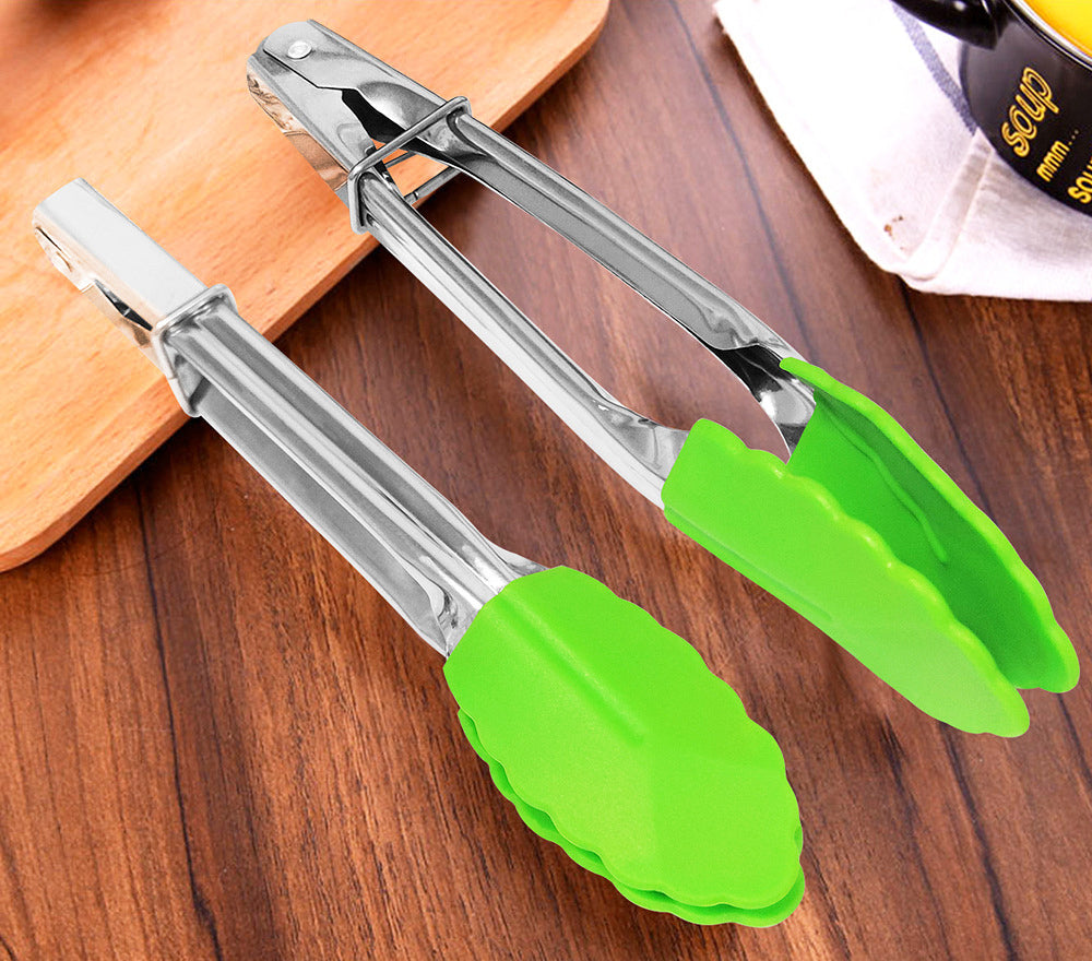 2 Pack - 18cm Stainless Steel Mini Tongs with Silicone Tips for Kitchen Green