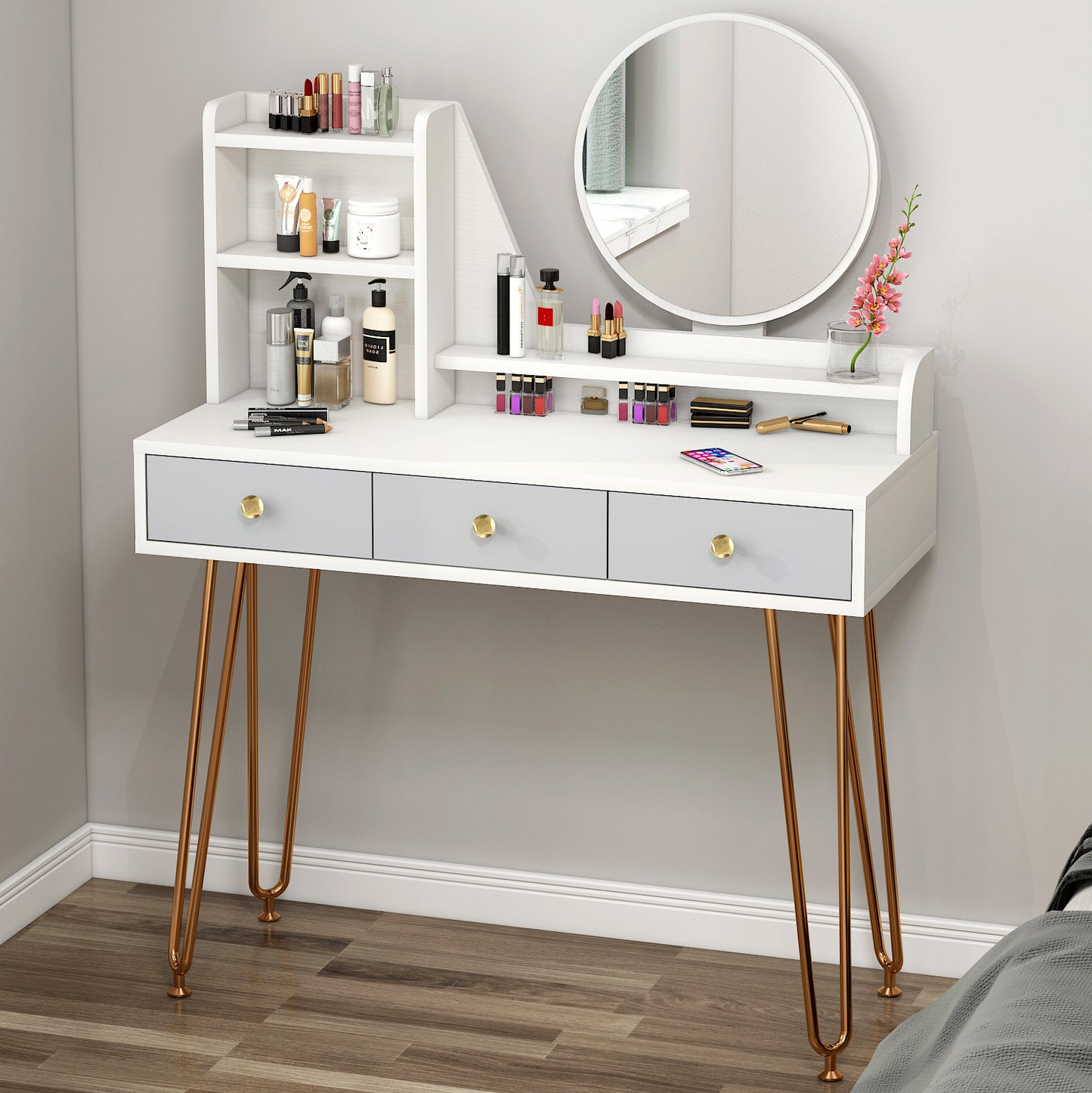 Large Vanity Table with Mirror and Storage Drawers for Bedroom