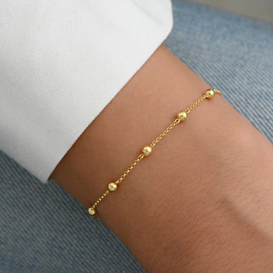 Elegant Adjustable 14K Gold-Plated Sterling Silver Beaded Bracelet S925 Fine Jewelry