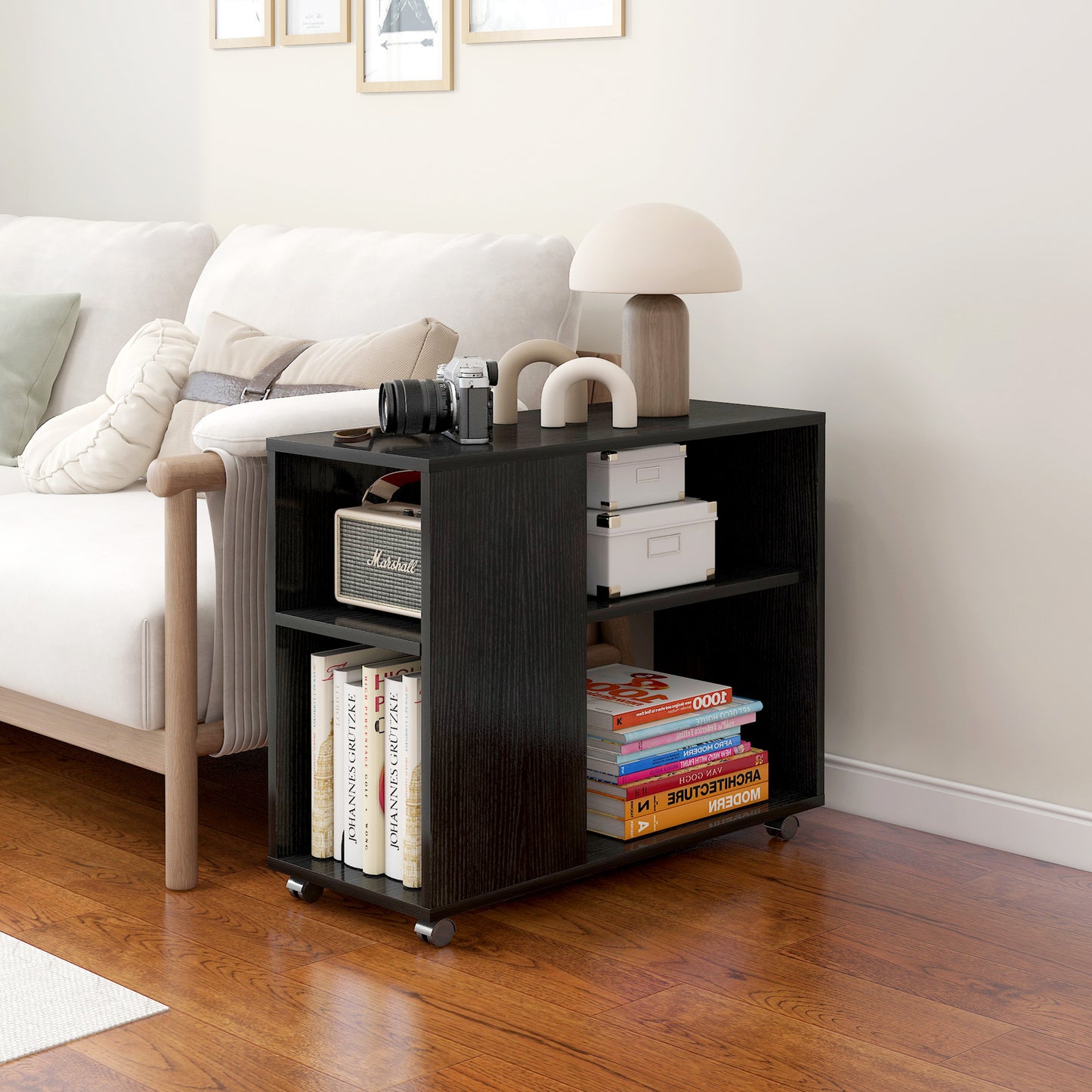 Compact Rolling Sofa Side Table with Magazine Shelf Black Walnut