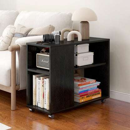 Compact Rolling Sofa Side Table with Magazine Shelf Black Walnut