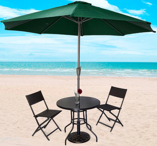 5PC Outdoor Patio Set with Green Umbrella and Rattan Chairs Round Table