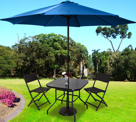 5PC Outdoor Rattan Furniture Set with Blue Umbrella and Stand