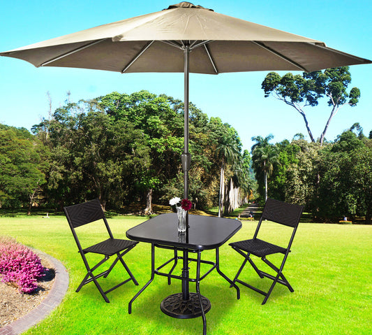 5PC Outdoor Patio Furniture Set with Beige Umbrella and Rattan Chairs