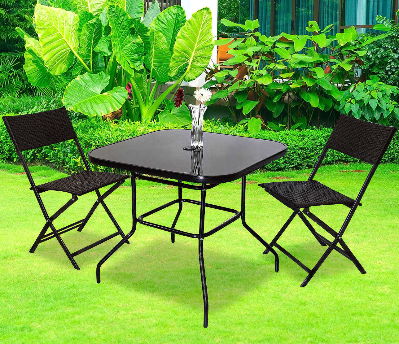 5PC Outdoor Patio Furniture Set with Beige Umbrella and Rattan Chairs