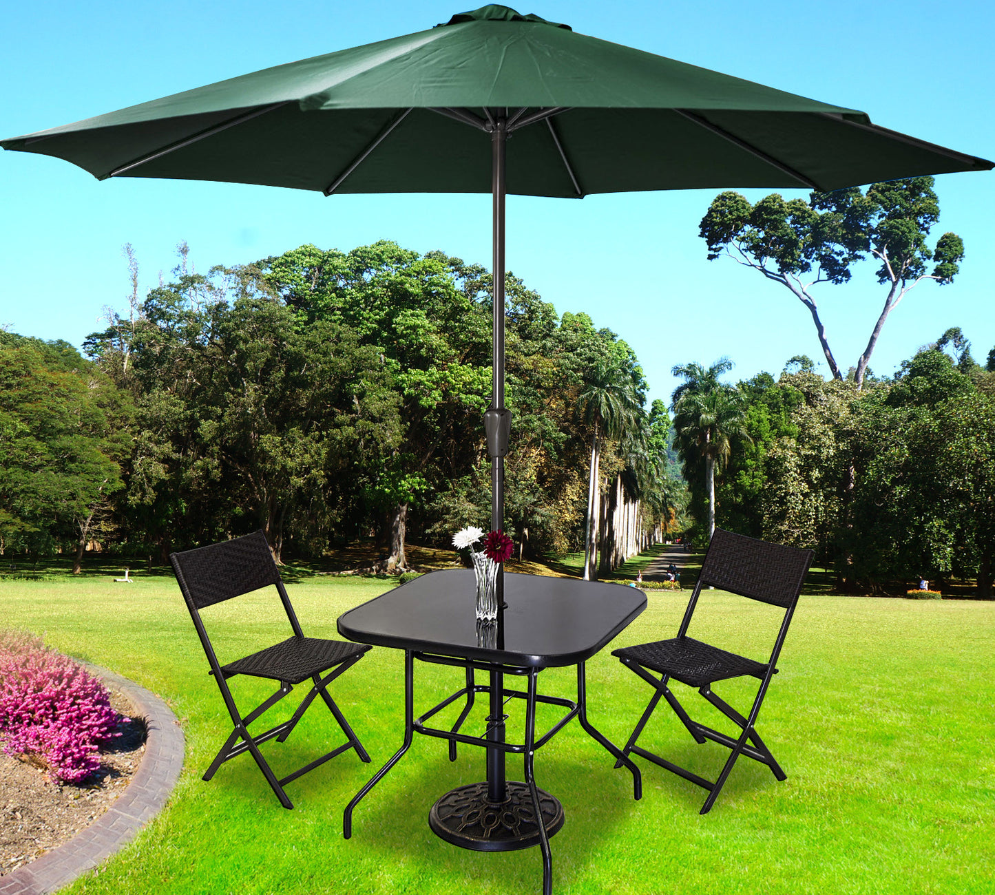 5PC Outdoor Patio Set with Rattan Chairs and Green Umbrella