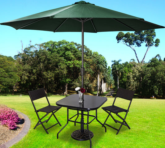 5PC Outdoor Patio Set with Rattan Chairs and Green Umbrella