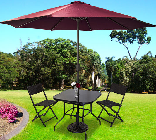 Stylish 5PC Outdoor Rattan Furniture Set with Maroon Umbrella and Stand