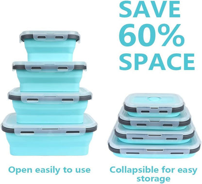 Pack of 4 Collapsible Silicone Food Storage Containers with Airtight Lid Blue