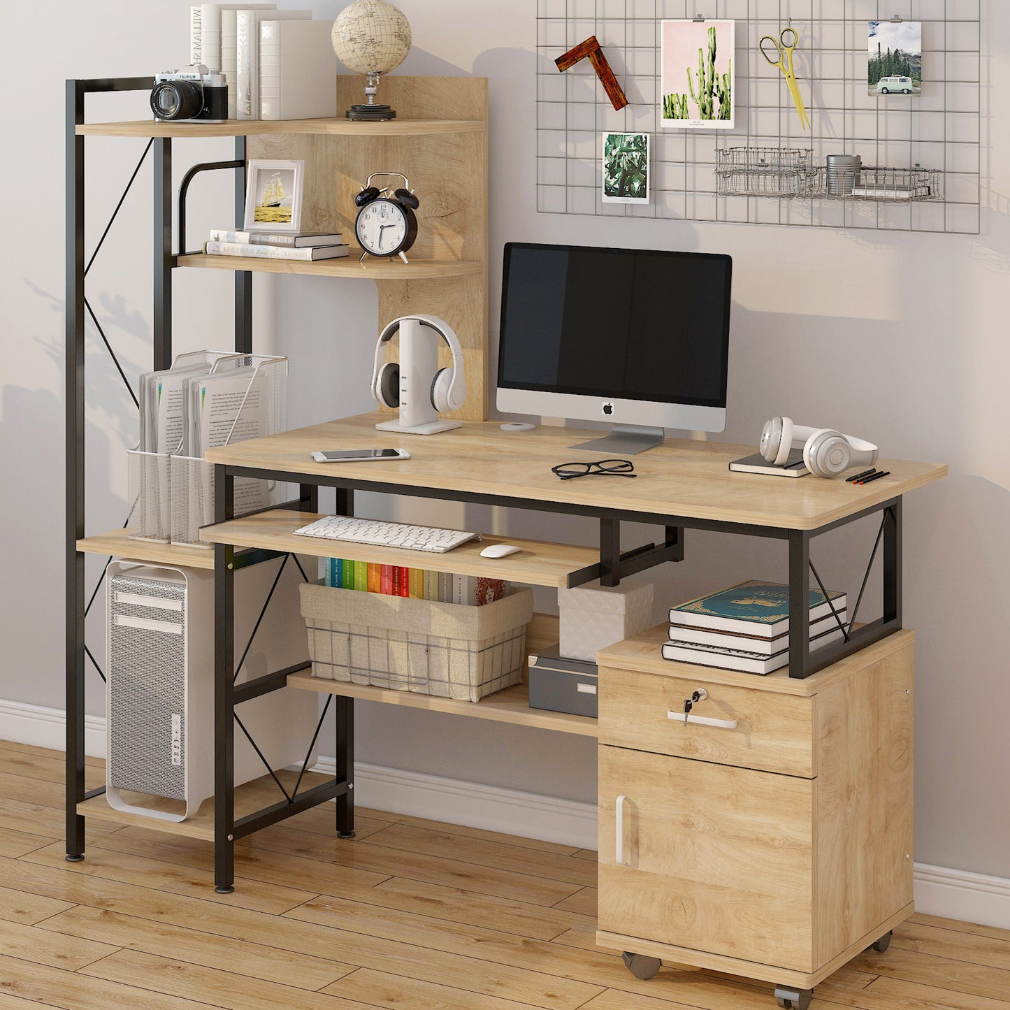 Multi-function Computer Desk Workstation with Shelves and Cabinet Rustic Oak
