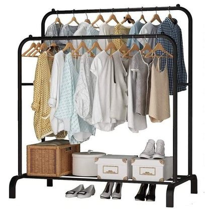 Double Coat Hanging Stand Wardrobe Clothes Hanger Rack Black