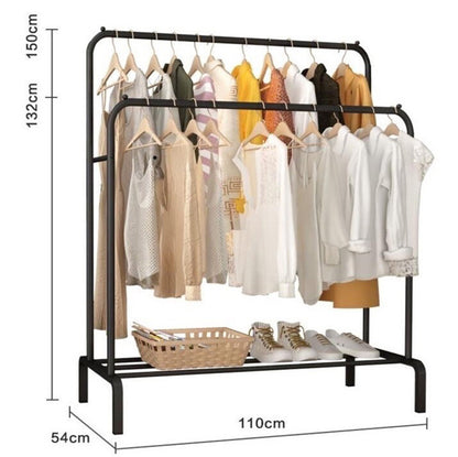 Double Coat Hanging Stand Wardrobe Clothes Hanger Rack Black