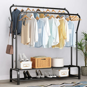 Large Wide Double 2-Tier Coat Rack Wardrobe Clothes Hanger Stand Black