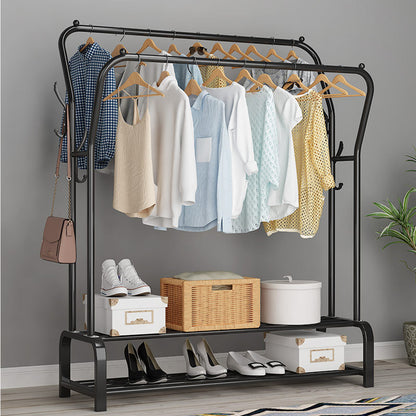 Double Tier Coat Rack Wardrobe Clothes Hanger Stand Black