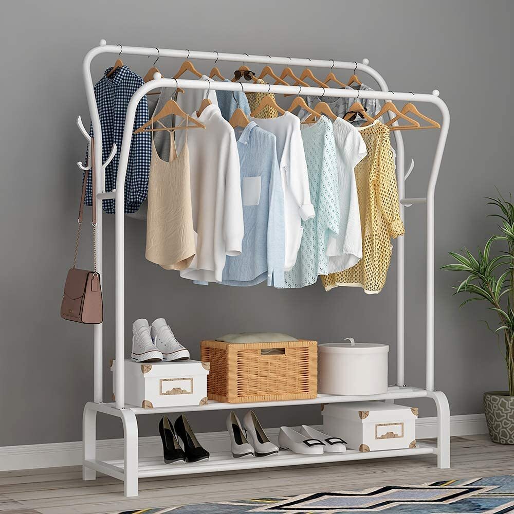 Double Tier Coat Rack Wardrobe Clothes Hanger Stand White