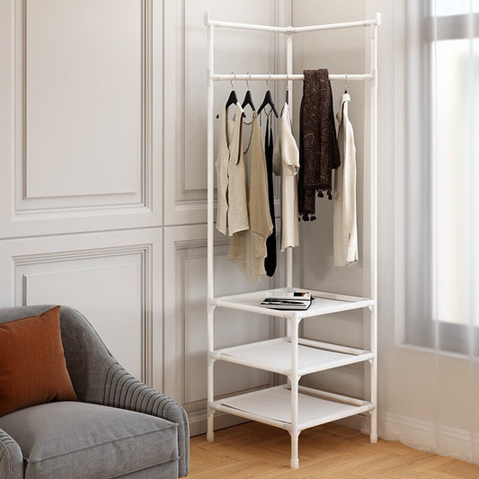 Tall Corner Wardrobe Clothes Hanger Coat Stand with Shoe Rack and Storage Shelves