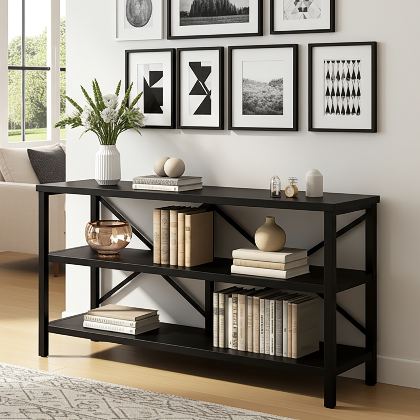 Industrial Console Table TV Stand Bookcase Storage Shelf Unit (Black)