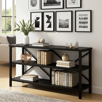 Industrial Console Table TV Stand Bookcase Storage Shelf Unit (Black)