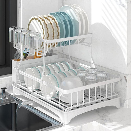 2-Tier Dish Drying Rack Kitchen Organizer with Cutlery Holder White