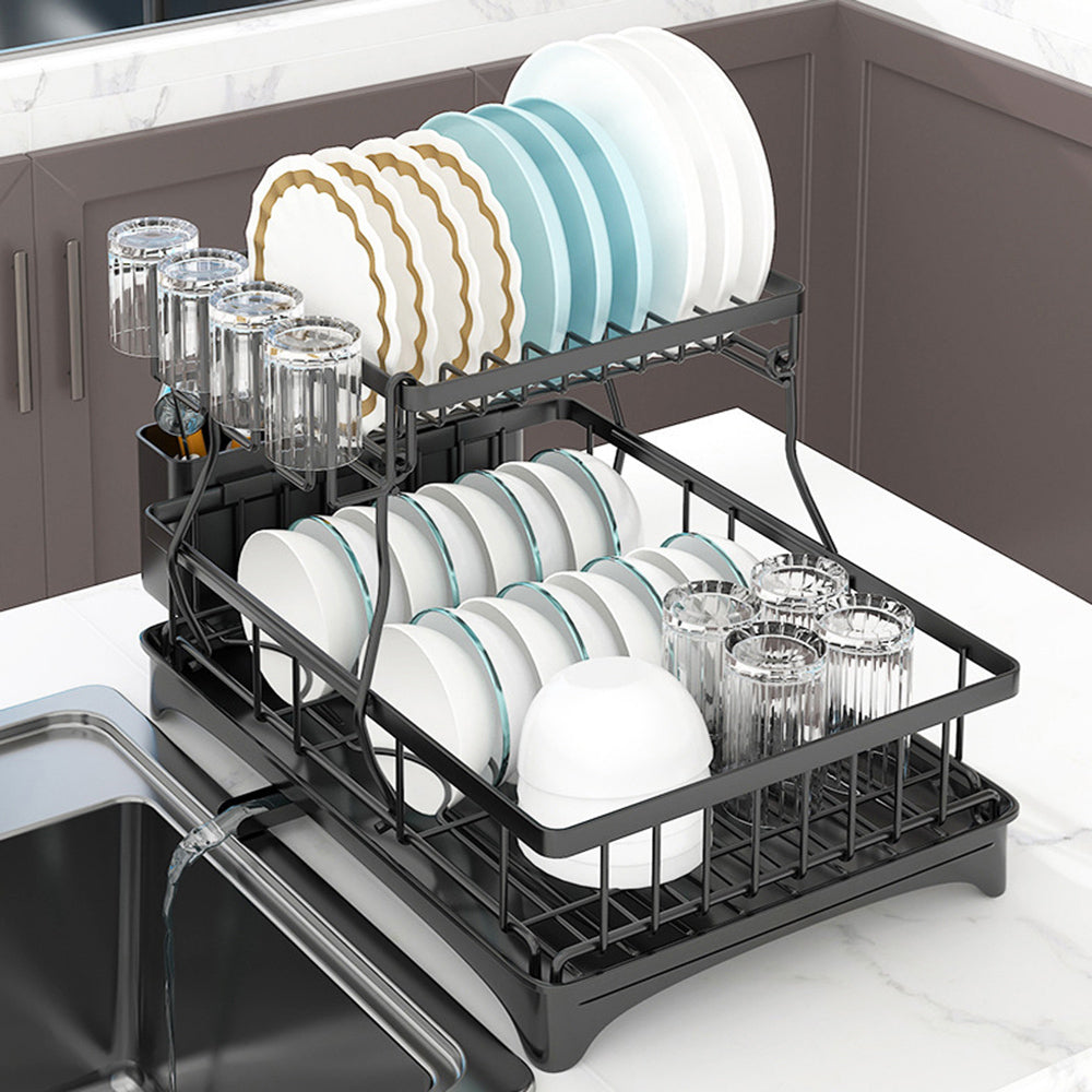 2-Tier Dish Drying Rack Kitchen Organizer with Utensil Holder Black