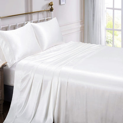 Queen Silky Satin Bed Sheet Set Soft and Smooth White